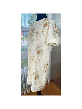 Vintage 1980s dress, cream, orange, green floral print, wide shoulders, size 12